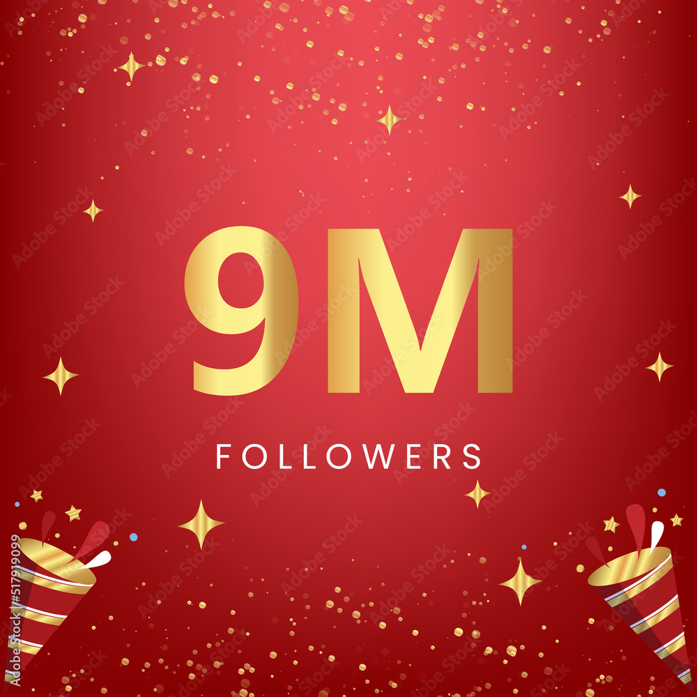 Thank you 9M or 9 million followers with gold bokeh and star isolated on red background. Premium design for social media story, social sites posts, greeting card, social networks, poster, banner.