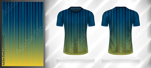 Vector sport pattern design template for V-neck T-shirt front and back with short sleeve view mockup. Dark and light shades of blue-yellow color gradient straight line texture background illustration.