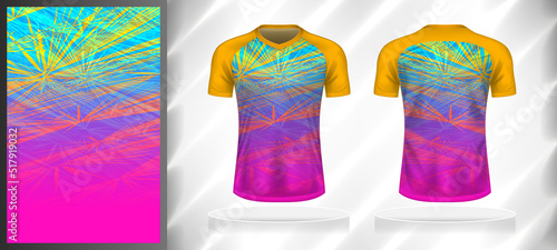 Vector sport pattern design template for V-neck T-shirt front and back with short sleeve view mockup. Yellow-blue-pink color gradient abstract texture background illustration.