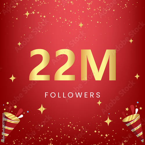Thank you 22M or 22 million followers with gold bokeh and star isolated on red background. Premium design for social media story, social sites posts, greeting card, social networks, poster, banner.