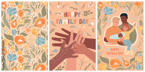 Set of cards for Family Day and a seamless pattern of flowers and leaves. Interracial gay family with children. Simple modern illustration.