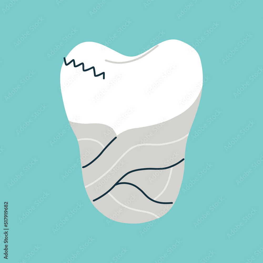 Filled tooth. Isolated clipart in doodle, cartoon, flat style on blue background Filled tooth. Isolated clipart in doodle, cartoon, flat style on blue background