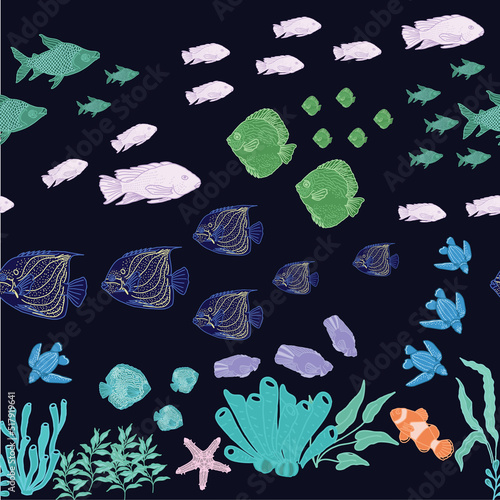 Horizontal border seamless Vector pattern with water plants and different swimming fish on a blackblue background. Pattern design for Fabric, paper, cover, wrapping paper,