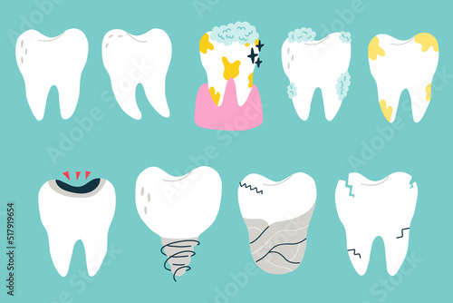 Сollection of white teeth in various states. Isolated clipart in doodle, cartoon, flat style on blue background