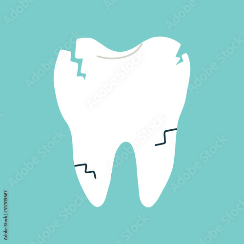 Cracked tooth. Isolated clipart in doodle, cartoon, flat style on blue background
