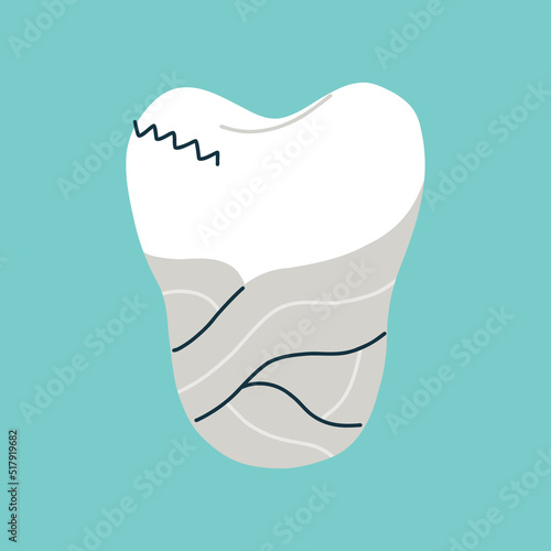 Filled tooth. Isolated clipart in doodle, cartoon, flat style on blue background