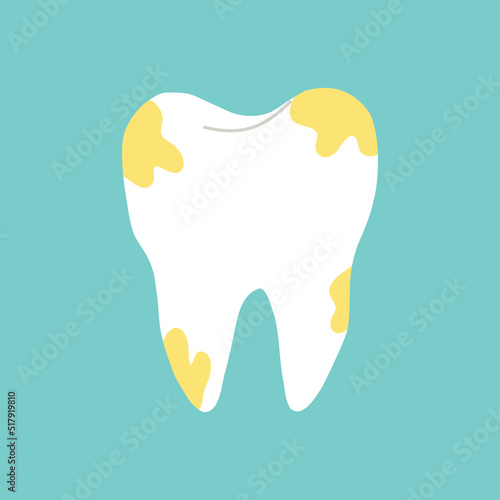 Tooth with yellow plaque. Isolated clipart in doodle, cartoon, flat style on blue background