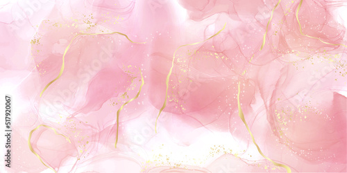 Rose pink liquid watercolor background with golden lines. Royal elegant blush marble alcohol ink drawing effect. Bridal vector illustration for wedding invitation, menu, rsvp design