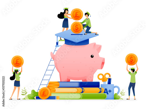 Design of students save in piggy bank raising money for university tuition fees. financial planning in college. Illustration for landing page website poster banner mobile apps web social media ads etc