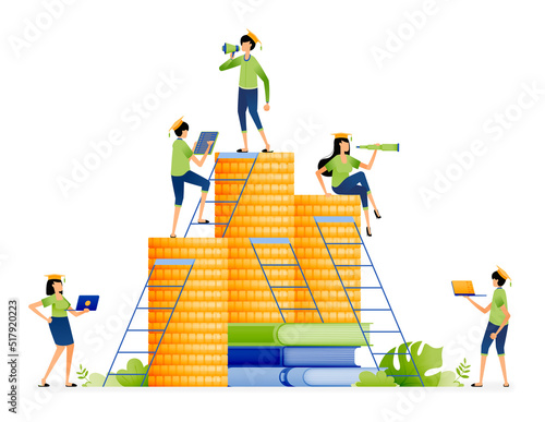 Design of students climb ladder of achievement to reach top of the money pile. scholarships and tuition fees support. Illustration for landing page website poster banner mobile apps web brochure ads