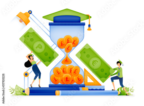 Design of hourglass is fill with few money for tuition fees. learning education with high investment costs. Illustration for landing page website poster banner mobile apps web social media ads etc