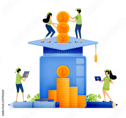 Design of students keep coins in glass jars for graduate of university study plans. expensive tuition fees. Illustration for landing page website poster mobile apps web social media brochure ads etc