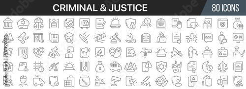 Criminal and justice line icons collection. Big UI icon set in a flat design. Thin outline icons pack. Vector illustration EPS10