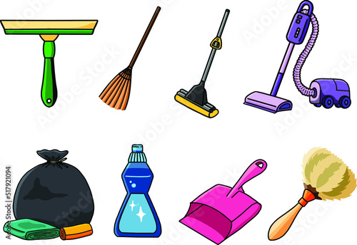 Cleaning supply. House holding cleaning tools. Housekeeping tool. Hand drawn vector illustration