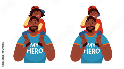 Strong black dad carrying son and daughter on his shoulders
