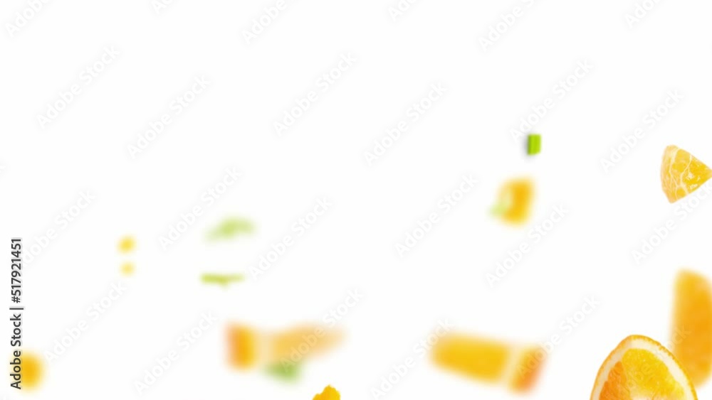 Orange fruit pieces, slices and leaves being moved downwards isolated on white. Seamless looping. High quality 4k video. Orange fruit pieces, slices and leaves being moved downwards isolated on white. Seamless looping. High quality 4k video.