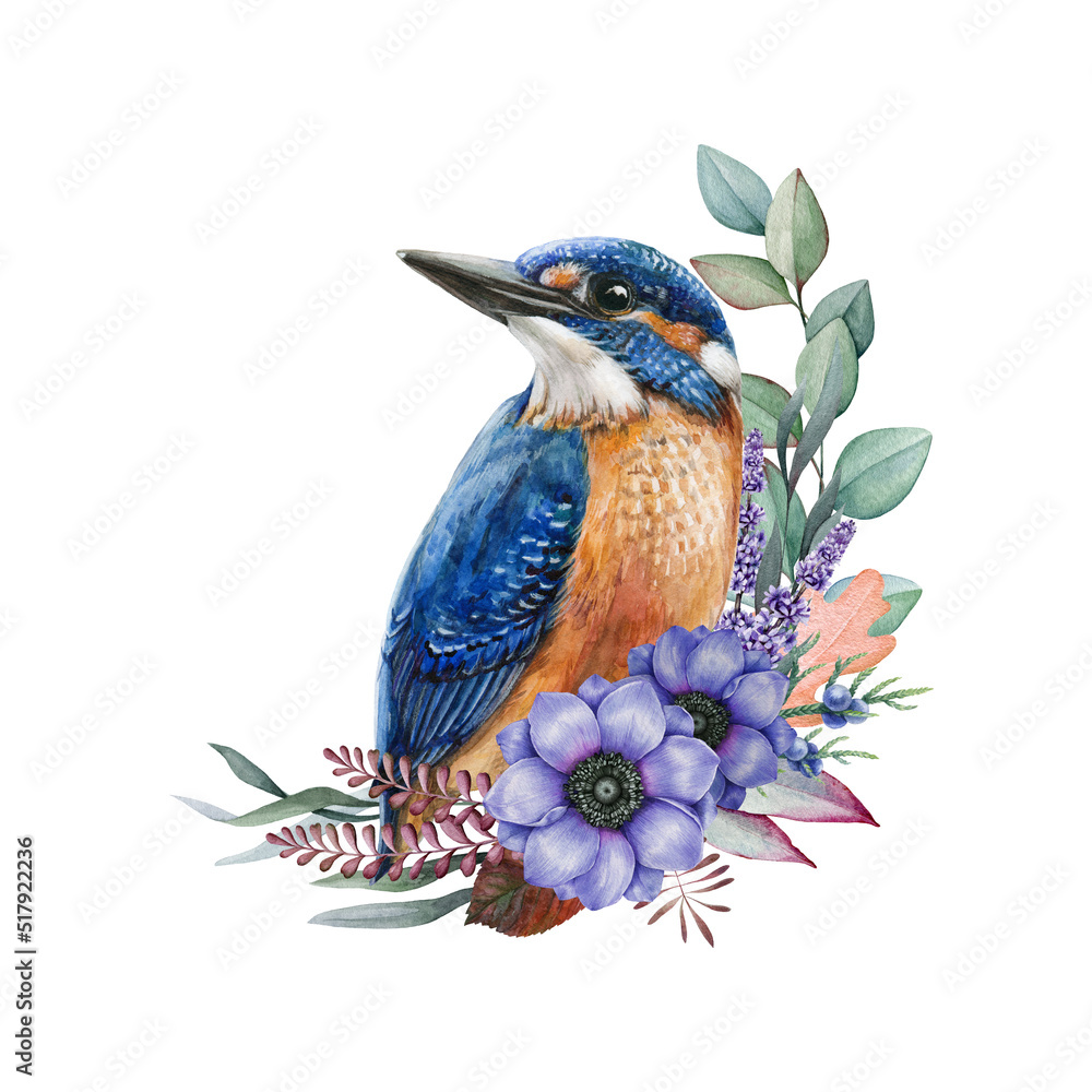 Kingfisher Bird With Flower Decoration Watercolor Illustration Hand kingfisher-bird-with-flower-decoration-watercolor-illustration-hand
