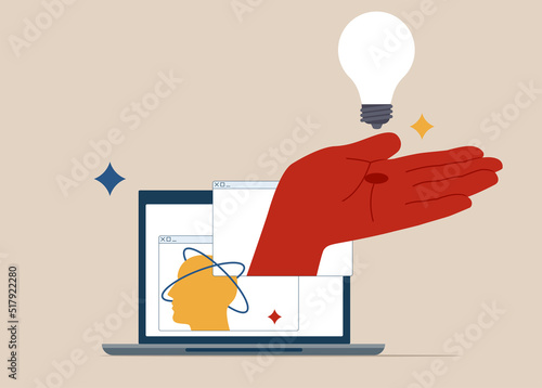 Brainstorm or creative mind with abstract human head silhouette and hand holding bulb lamp surrounded abstract geometric shapes in bright colors. 