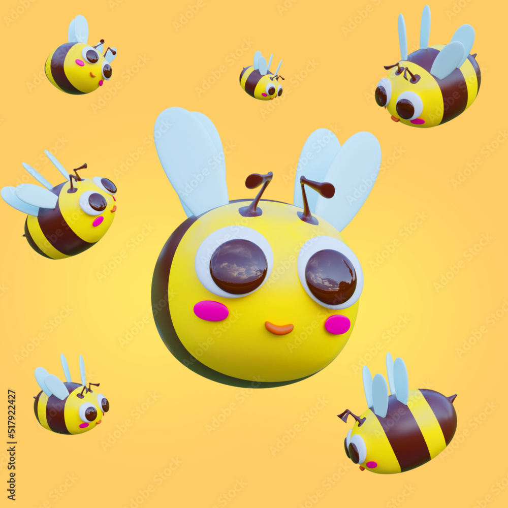 Naklejka premium swarm of bees cute yellow and black with big eyes flying on yellow background Designed with a 3D blender program.