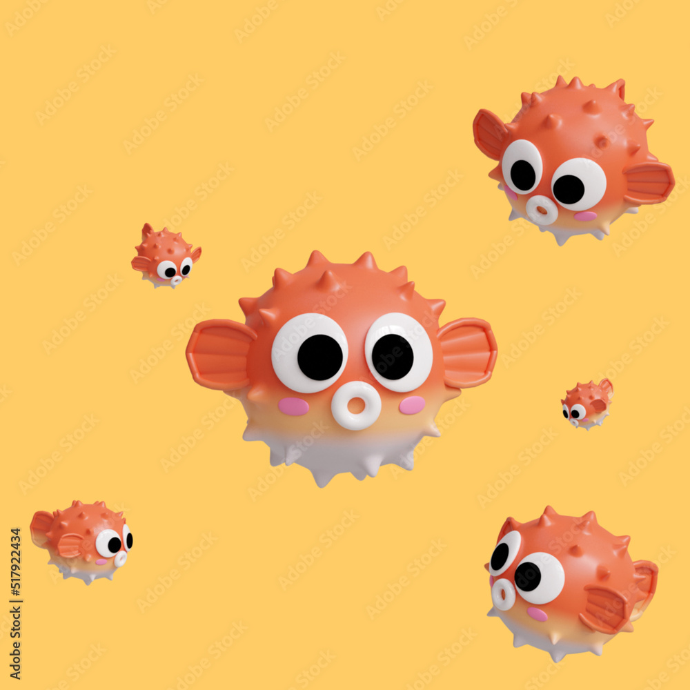Five orange-white puffer fish with big eyes swimming on an orange background. Designed with a 3D blender program.
