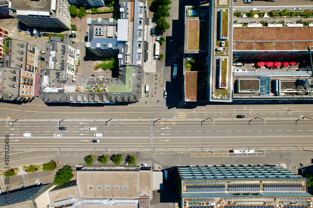 Aerial view of City of Zürich with main road and traffic on a sunny summer day. Photo taken June 20th, 2022, Zurich, Switzerland. Aerial view of City of Zürich with main road and traffic on a sunny summer day. Photo taken June 20th, 2022, Zurich, Switzerland.