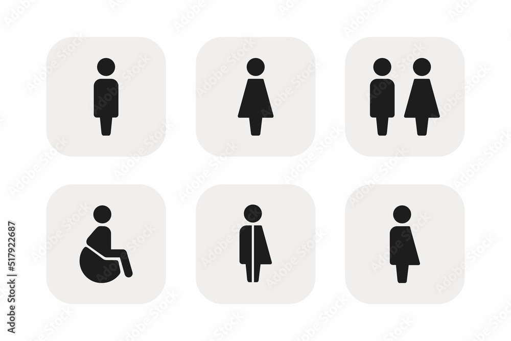 Set of six way finding linear vector icons. Plates on the door, the scheme of movement. Icons for the airport, office, cafe. Men, women, disabled people, toilet, way finding, wc. Icons with people. Set of six way finding linear vector icons. Plates on the door, the scheme of movement. Icons for the airport, office, cafe. Men, women, disabled people, toilet, way finding, wc. Icons with people.