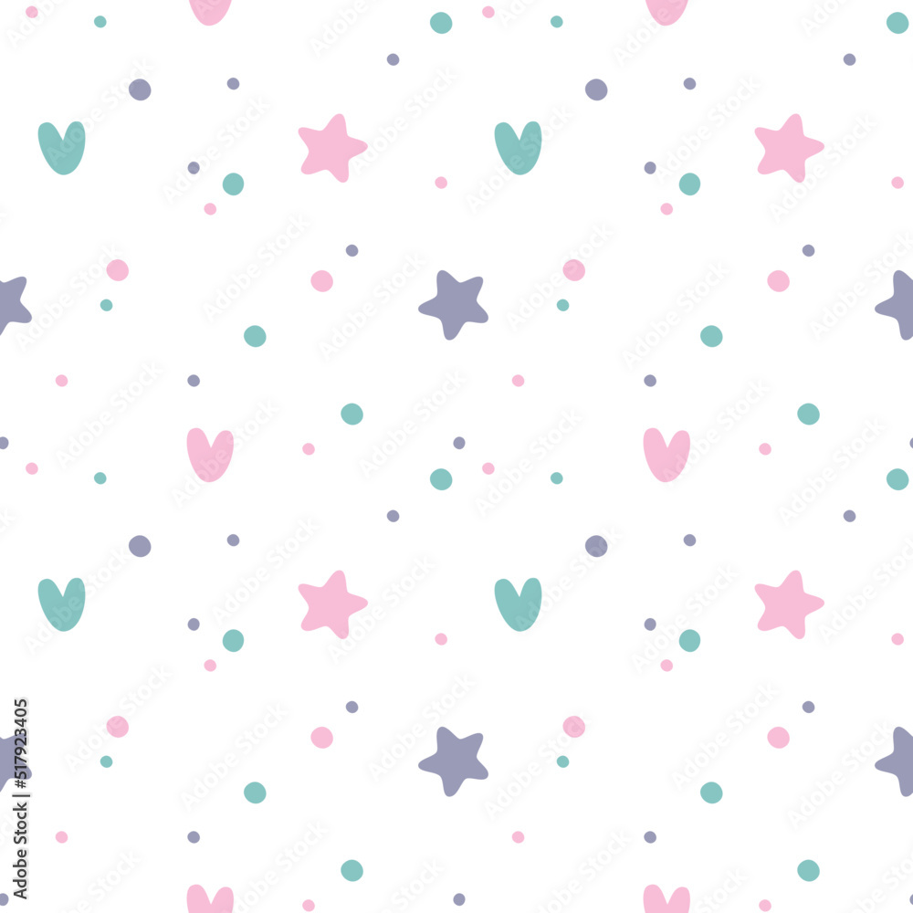 Seamless patterns for kids.  Cute pattern with stars and hearts for the children's clothing, design wall art, kid's products and room decor. Vector illustration.