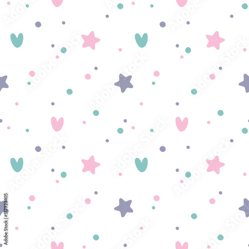 Seamless patterns for kids.  Cute pattern with stars and hearts for the children's clothing, design wall art, kid's products and room decor. Vector illustration.