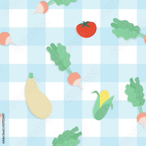 Vector seamless pattern with vegetables on checkered blue background. For summer decoration, fest invitations, fabric, kitchen textile, towels print, gift and wrapping paper, cover of cooking book