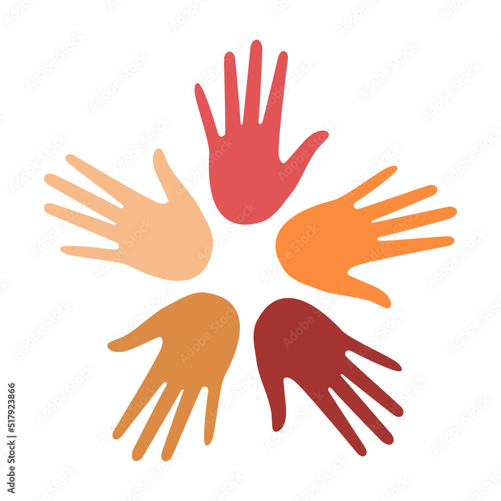 The hands of multiethnic people are arranged in a circle on a white background. Loving hands show support. Vector. The hands of multiethnic people are arranged in a circle on a white background. Loving hands show support. Vector.