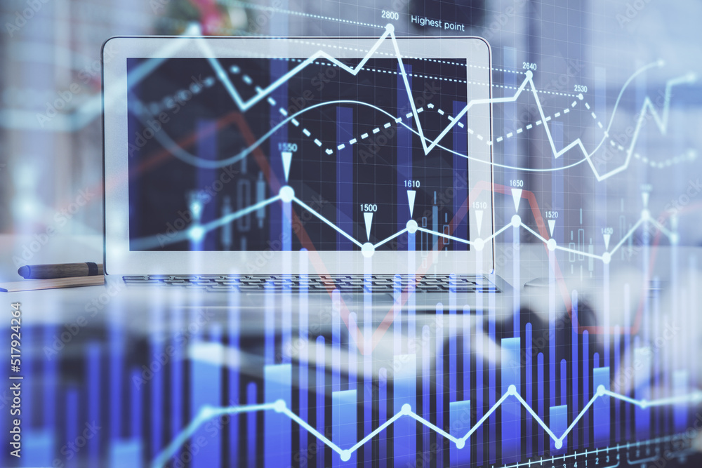 Stock market graph and table with computer background. Multi exposure. Concept of financial analysis. Stock market graph and table with computer background. Multi exposure. Concept of financial analysis.