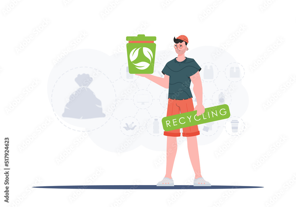 The concept of recycling and zero waste. A man holds a trash can in his hands. Vector illustration Flat trendy style.
