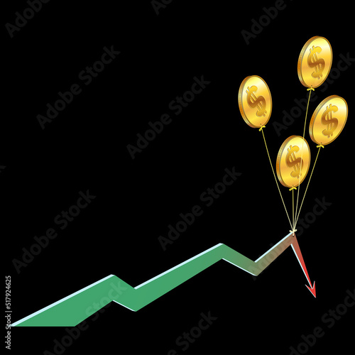 Balloons in form of golden American dollars coins hold falling chart arrow isolated on black background.