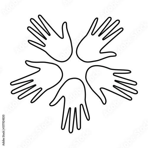 The hands of multiethnic people are arranged in a circle with a black outline on a white background. Coloring. Loving hands show support. Vector.