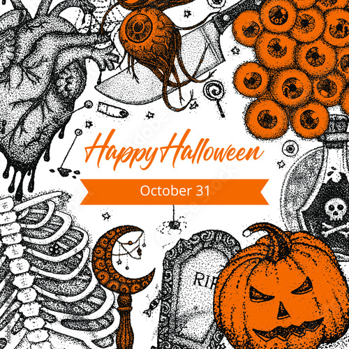 Happy Halloween Dotwork Poster. Vector Illustration of Handdrawn Tattoo Sketch Concept.