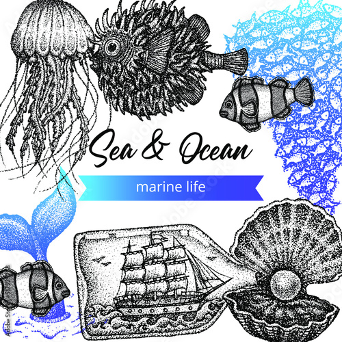 Sea Ocean Dotwork Poster. Vector Illustration of Handdrawn Tattoo Sketch Concept.