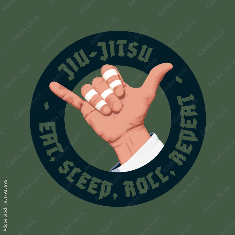 Realistic Shaka hand Bjj logo badge. Eat, sleep, roll, repeat. Hand