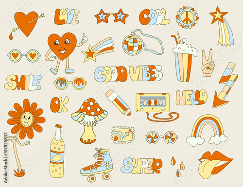 Hippie vibe big set. Retro 70s  illustration. Hand drawn vector groovy psychedelic cartoon style.