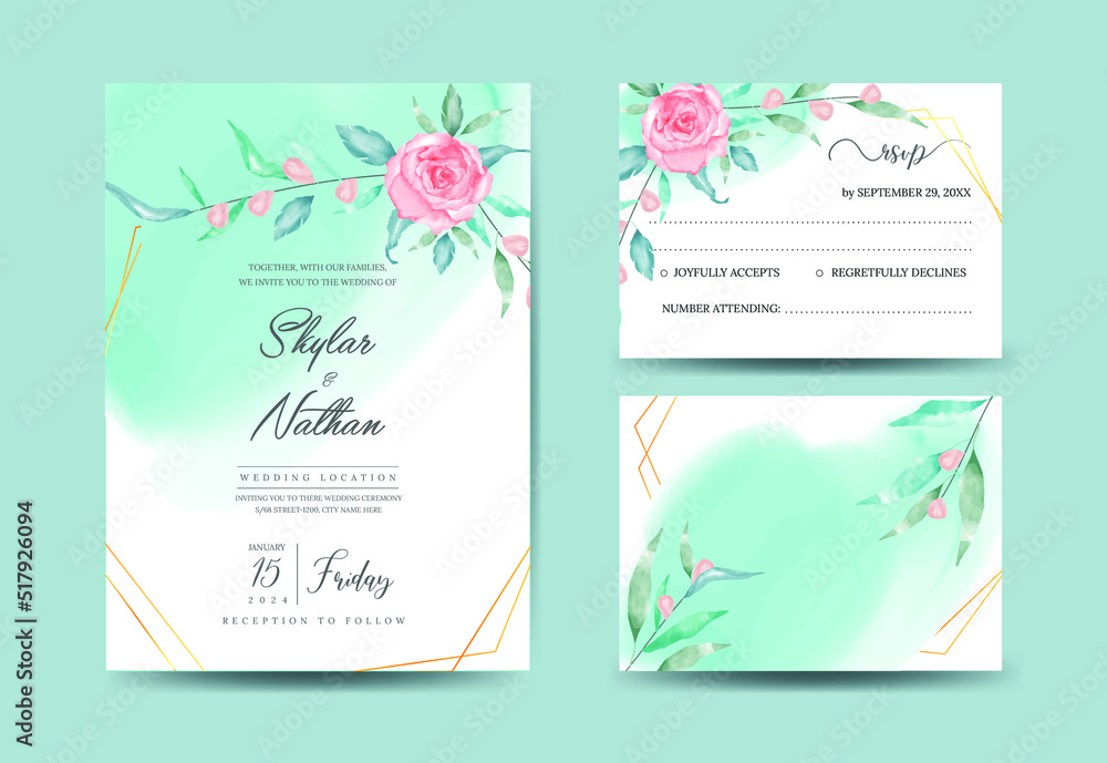Geometric watercolor greenery tropical wedding invitation template and RSVP

