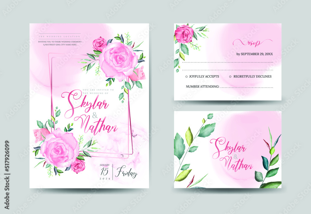 Elegant watercolor dusty rose wedding invitation card and rsvp templates
