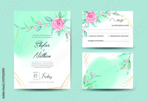 Geometric watercolor greenery tropical wedding invitation template and RSVP 