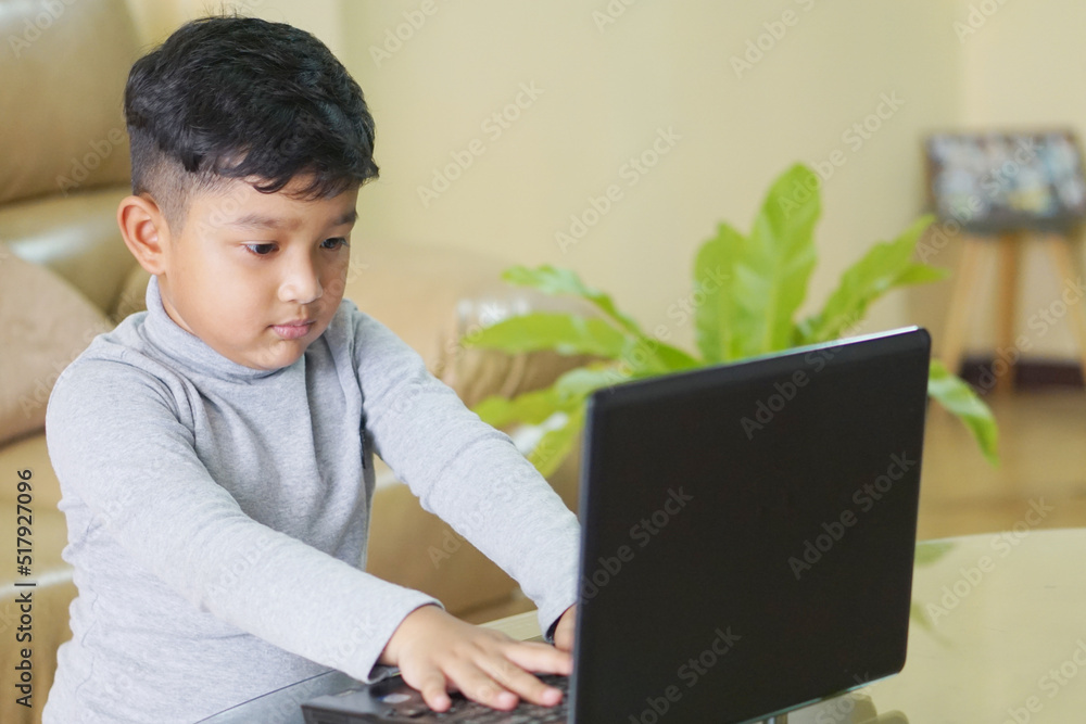 The Asian boy focusing working on laptop and have a cute smile The Asian boy focusing working on laptop and have a cute smile