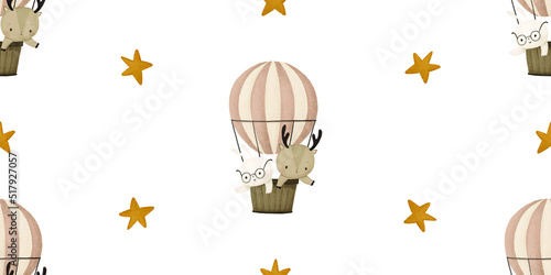 seamless pattern with bunny and deer on hot air balloon