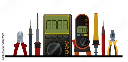 Tools for electrician. Repair of radio electronic and microprocessor equipment. Spare parts components and service. Isolated on white background. Vector