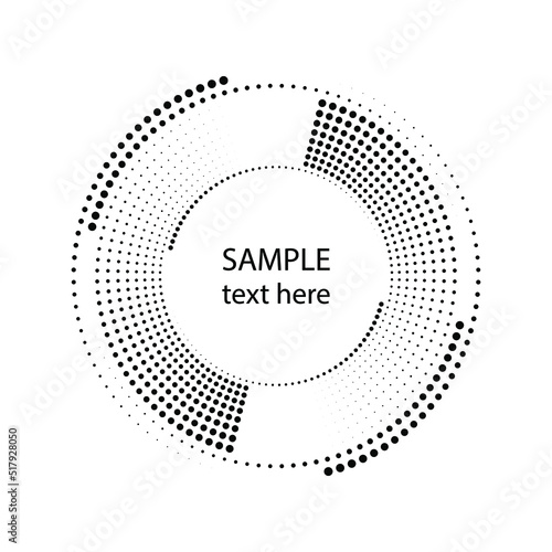 Black halftone dotted lines in circle form. Vector illustration. Trendy design element for border frame, round logo, blackout tattoo, sign, symbol, web pages, prints, template, pattern, background