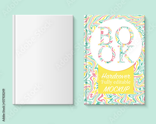 Fully editable book mockup. Book cover with marbled paper in green yellow and red colors