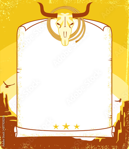 Western vintage poster background with buffalo skull and cowboy lasso. Vector wild west illustration on American desert landscape