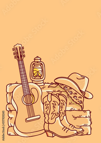 Country music background with acoustic guitar and american cowboy boots and cowboy hat on straw and hay. Vector hand drawn graphic illustration on Country farm poster for text 