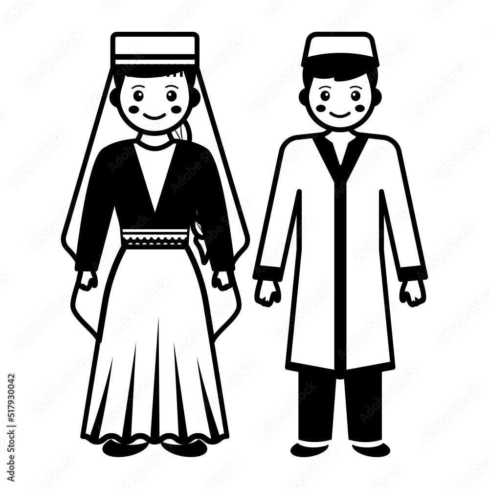 Tubeteikas with silk shirt vector icon design, World Indigenous Peoples symbol, characters in casual clothes Sign, traditional dress stock illustration, uzbek couple standing togather Concept
