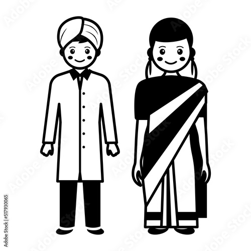 groom dressed in Sherwani and stunning bride in saris vector icon design, World Indigenous Peoples symbol, characters in casual clothes Sign, Indian couple standing together Concept